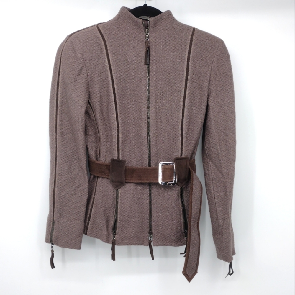 St. John Taupe Brown Belted Zip Front Jacket